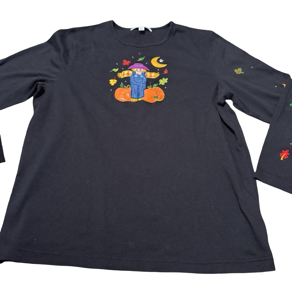 Women's Top Black Studio Treat Scarecrow XL Halloween Fall Pumpkins